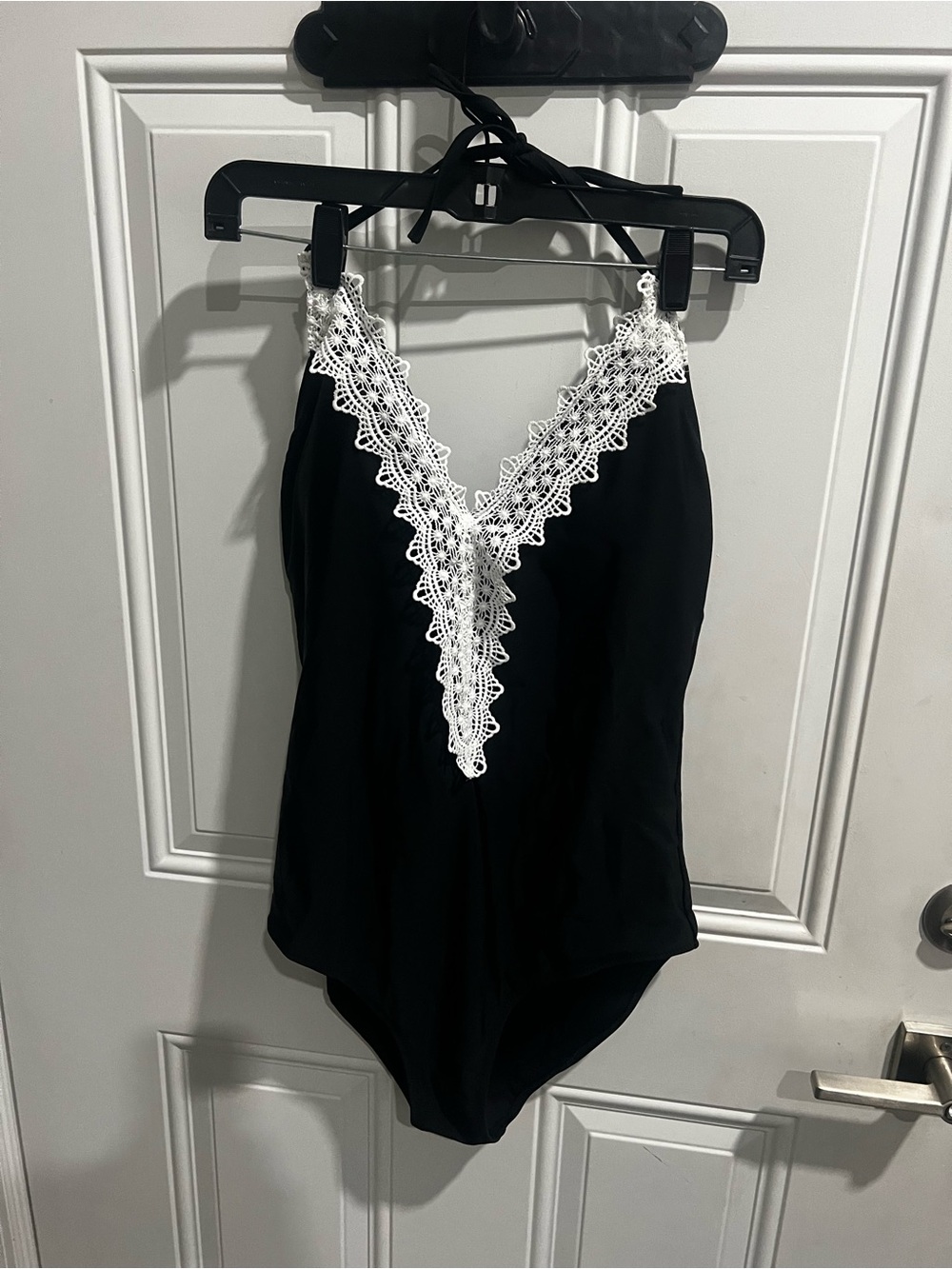 Black Crochet Lace Trim Halter One Piece Swimsuit Deep V Plunge 2X